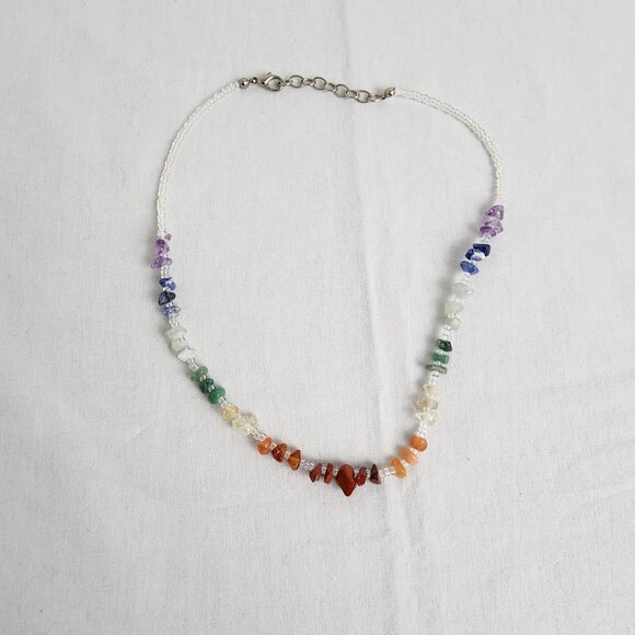 Chakra Rainbow Gemstone Chip Beaded Necklace Energy Healing Handmade - Picture 3 of 9